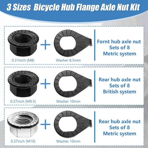 48 Piece Bike Nuts And Safety Washers Kit With M8 M9.5 M10 Sizes For Front And Rear Wheels, nut and washer details