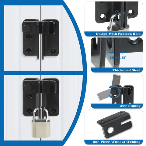 Flip Latch For Gates And Cabinets Sliding Bolt Latch Safety Door Lock Catch Matte Black SUS304 Stainless Steel Gate Hardware Locks For Barn Fence Wood Window Bathroom Garage Pet Cage installed with padlock