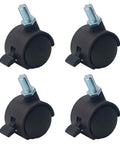Four Pack One Inch Swivel Caster Wheels With M8 Threaded Stem Brakes Smooth As Butter Glide For Tables Cabinets Shelves, black nylon wheels.