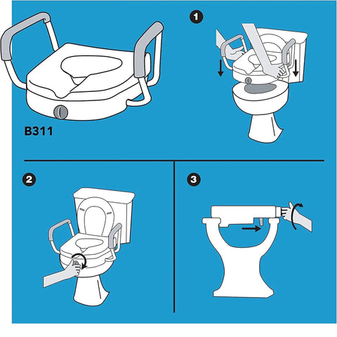 Diagram showing Raised Toilet Seat With Handles 4.5 Inch Lift For Elongated And Round Toilets, locking arms installation
