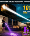 Rechargeable UV Blacklight Flashlight With High Lumens for pet pee detection shown illuminating indoors and outdoors.