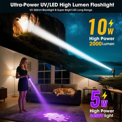 Rechargeable UV Blacklight Flashlight With High Lumens for pet pee detection shown illuminating indoors and outdoors.