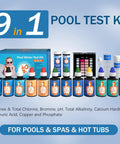 No Sweat 9 In 1 Pool And Hot Tub Test Kit For Fast Chemistry Checks On PH Total Chlorine Bromine Alkalinity Calcium Hardness Cyanuric Acid Copper Phosphate Effortless Lab Grade Results with colorful reagents and test labels.
