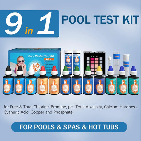No Sweat 9 In 1 Pool And Hot Tub Test Kit For Fast Chemistry Checks On PH Total Chlorine Bromine Alkalinity Calcium Hardness Cyanuric Acid Copper Phosphate Effortless Lab Grade Results with colorful reagents and test labels.