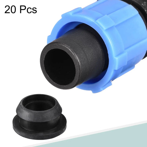 Close-up of Drip Irrigation Barbed Locking Fittings With Washers For 16mm Drip Tape Tubing Sprinkler System, blue cap, 20 pcs