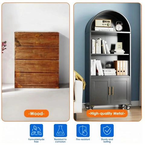 72 Inch Metal Arched Bookcase With Doors And Wheels Industrial Black Tall Storage Cabinet Lockable Wheels Adjustable Shelves