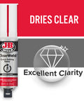 ClearWeld 5 Minute Set Epoxy Syringe, 25 ml, 1:1 Mix, graphic highlights clear finish and excellent clarity.
