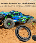 50T Spur Gear 1.0 Mod Hardened Steel With 20T Pinion Gear Upgrade Kit displayed with off-road RC car in action