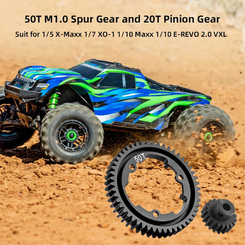 50T Spur Gear 1.0 Mod Hardened Steel With 20T Pinion Gear Upgrade Kit displayed with off-road RC car in action