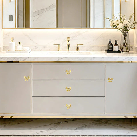 Vanity with 8 Pack Gold Bow Dresser Knobs Set For Cabinets And Drawers, Metal Decorative Handles, durable gold finish
