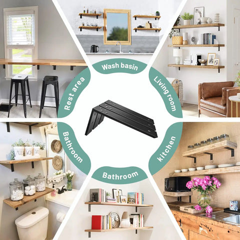 Heavy Duty Countertop Support Brackets 4 Pack 12 By 6 Inch L Shape Steel Corbels Thick 3/8 Wall Mount Shelf Braces in various room settings.