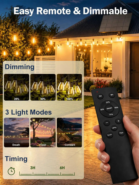 Hand holding remote in front of patio lit by 50Ft Solar String Lights Outdoor Dimmable Patio Lights with 3 light modes visible