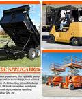 12V Double Acting Electric Hydraulic Pump Power Unit With 6L Tank For Auto Repair And Workhorse Lifting Platforms Or Small Dump Jobs, shown in use with dump trailer and lift platforms