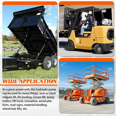 12V Double Acting Electric Hydraulic Pump Power Unit With 6L Tank For Auto Repair And Workhorse Lifting Platforms Or Small Dump Jobs, shown in use with dump trailer and lift platforms