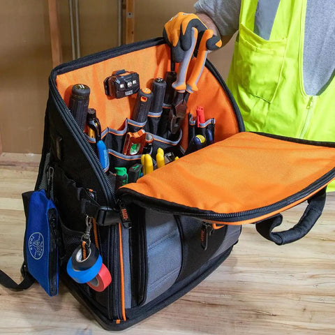 Tool Backpack Station Pro Heavy Duty Organizer With 27 Pockets, Large Interior And Molded Bottom, open showing tools