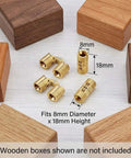Hidden 8mm Brass Barrel Hinges Set, 8 Pack with dimensions, displayed with wooden boxes for DIY projects.