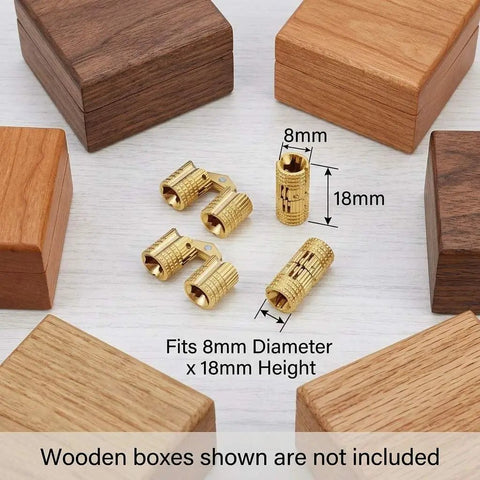 Hidden 8mm Brass Barrel Hinges Set, 8 Pack with dimensions, displayed with wooden boxes for DIY projects.