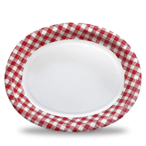 Kickin Vibes Red Gingham Oval Paper Plates 40 Count 10 X 12 Inch Heavy Duty Disposable Plaid Party Platters on a white background.