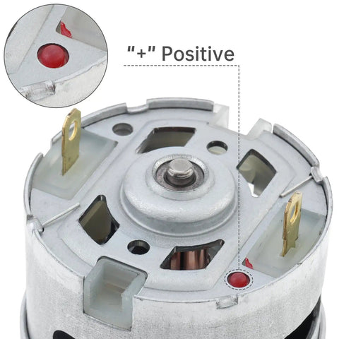 Close-up of 24V High Speed DC Ride On Car Motor Upgrade with 12000 RPM featuring visible positive terminal and gear connection details.