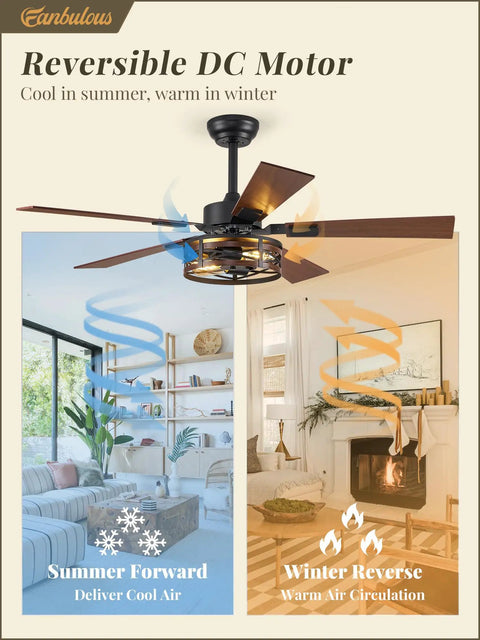 48 Inch Farmhouse Ceiling Fan With Remote And Light Vintage Caged Design Walnut Blades for efficient airflow in summer and winter.
