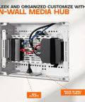 9 Inch In Wall Media Box Recessed TV Cable Management Kit For Home Theater Setup Keeps Cables Tidy And Your Setup Stays Clean Enclosure Fits Roku Apple TV Samsung One Connect WiFi Friendly Easy Install White Finish open interior view with cables and outlets