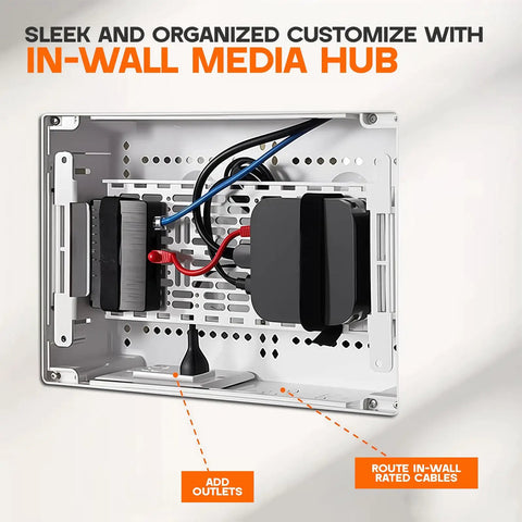 9 Inch In Wall Media Box Recessed TV Cable Management Kit For Home Theater Setup Keeps Cables Tidy And Your Setup Stays Clean Enclosure Fits Roku Apple TV Samsung One Connect WiFi Friendly Easy Install White Finish open interior view with cables and outlets