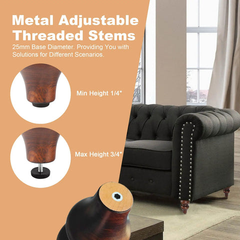 Six Inch Wood Furniture Legs Set Of 4 Adjustable Leveling Feet Round Brown Replacement For Sofa Chair Dresser shown with adjustable stem sizes.
