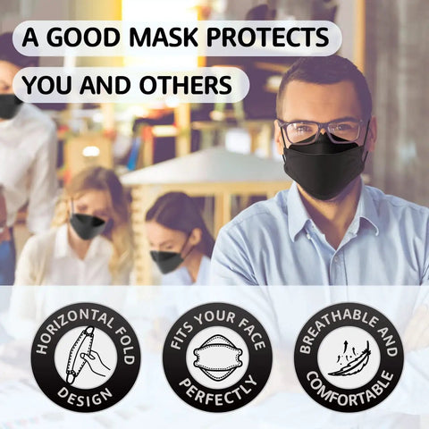 Man wearing 50 Pack KN95 Face Masks Breathable And Comfy Disposable Black Respirators with over 95% filtration at work