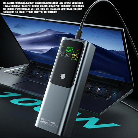 Built Tough 21700 Battery Vault With Four Slot Fast Charge Hub featuring rugged ABS housing charging on a laptop.