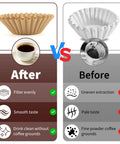Comparison of Heavy Duty Unbleached Paper Coffee Filters 100 Count Disposable Basket Style Brew Bags before and after use.