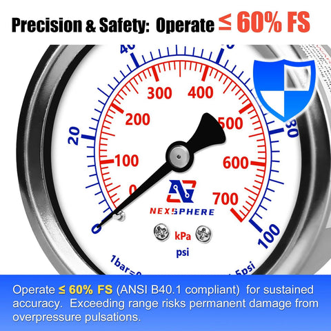 NexSphere pressure gauge, 2.5-inch dial, glycerin-filled, stainless steel case, 0-100 psi, 1/4 in NPT lower mount