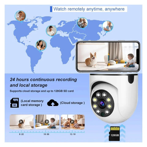 Top Shelf Dual Lens Bulb Wifi Security Camera With Zero Hassle Setup For Indoor Spaces Featuring Ai Human Tracking 360 Degree Pan 180 Degree Tilt Night Vision Plus Two Way Audio with mobile app display.