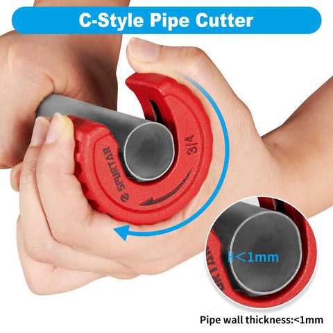 Hands using Pro Grade Four Piece Copper Pipe Cutter Set With Deburring Tool For One Half Inch Three Quarters Inch And One Inch Tubing Auto Tightening Cutting Wheels For Fast Clean Cuts No Fuss Deburring on pipe