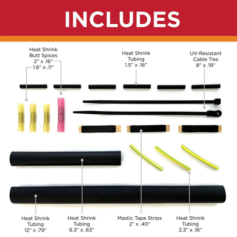 Front view of tee and splice kit for 10–13mm heat cable; includes heat shrink tubing, splices, and cable ties