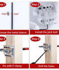 Pro Grade 90 Degree Cable Railing Drill Guide Jig With Visible Template in four steps: sleeve, install, clamp, and drill for wood posts