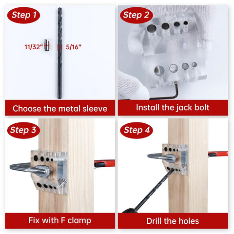 Pro Grade 90 Degree Cable Railing Drill Guide Jig With Visible Template in four steps: sleeve, install, clamp, and drill for wood posts
