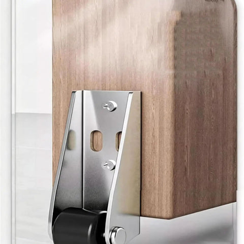 Close-up of Heavy Duty Vertical Track Roller Wheels For Sliding Barn Doors And Wood Gates featuring silent rubber caster and metal bracket.
