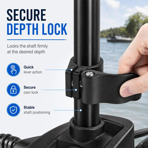 Cam Lock Depth Collar Assembly For Trolling Motors, Hand adjusting depth collar on 1-1/8 inch shaft for secure lock