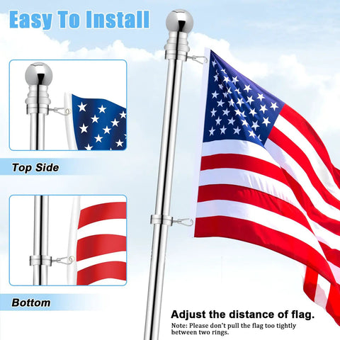 Image showing 2 Pack Flag Pole Rings, Slick Spinning One Inch Clips Cut Wrapping Stress, Rock Solid Aluminum Steel Hardware, Easy Slide Snap Carabiners on flag pole.