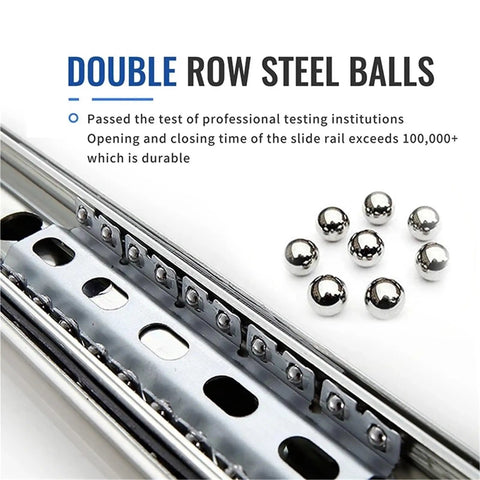 Beefy Heavy Duty Drawer Slide With Full Extension Locking Track 120Kg Load Capacity Steel Ball Bearing Rails For Smooth Quiet Opening And Closing Rust Resistant Electroplated Finish Built For Harsh Environments And Daily Heavy Use, double-row steel balls close-up