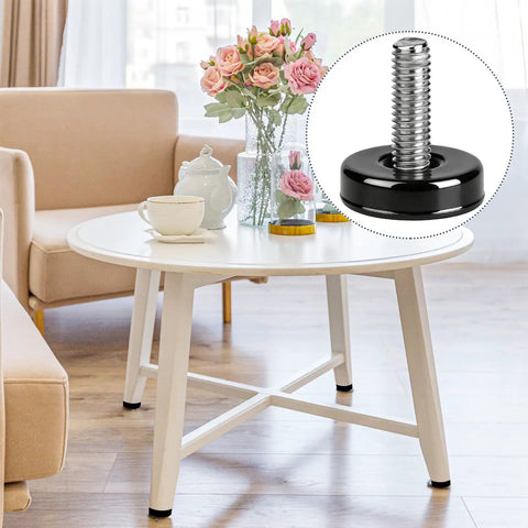 Living room table stabilized with 16 Pack Adjustable Furniture Levelers Heavy Duty Leveling Feet For Table Desk Chair Cabinet Dresser Outdoor Patio Stabilize Uneven Floors Black Includes 16 T Nuts