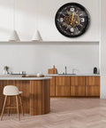 27 Inch Industrial Wall Clock Featuring Real Moving Gears For Living Room Decor on kitchen wall with wood accents and modern decor.