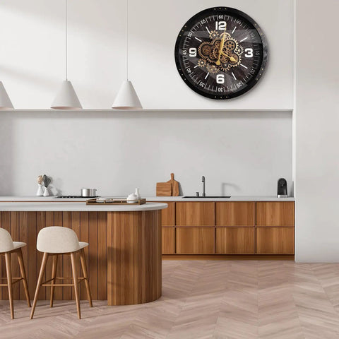 27 Inch Industrial Wall Clock Featuring Real Moving Gears For Living Room Decor on kitchen wall with wood accents and modern decor.