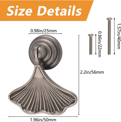 Ginkgo Leaf Shape Knob Handles, 2 Pack Antique Nickel Zinc Alloy Drawer Pulls, 56mm size details with two screws shown
