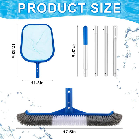 3 Piece Pool Cleaning Kit With Skimmer Net And Long Reach 47 Inch Aluminum Pole Plus Debris Brush For Above Ground And Inground Pools Ponds Spas Hot Tubs Easy Clean, sizes shown