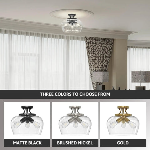 Room with 3-Bulb Industrial Style Semi Flush Mount Ceiling Light With Clear Glass Shade, Matte Black Fixture, E26 Base, 13.8 Inch