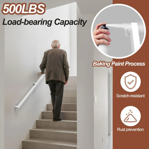 Six Foot White Square Tube Handrail With Super Grip Joints For Indoor Stairs And Wall Mounted Rails Featuring Heavy Duty Steel Build And Quick Diy Setup For Total Home Safety Plus Slick Clean Finish That Slides In Snug, showing man using it on stairs.