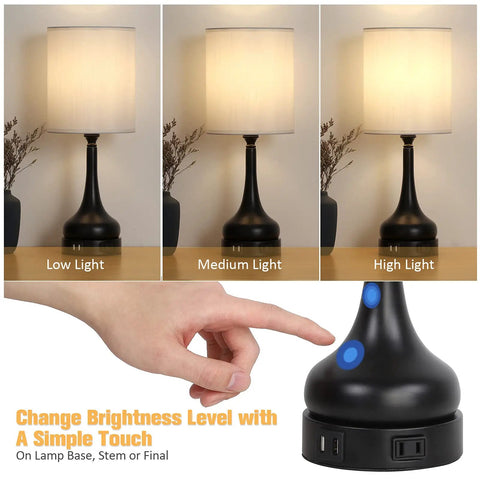 Touch Control Bedside Lamps Set Of 2 With 3-Way Dimming, USB Ports And AC Outlet, LED Bulbs Included, brightness levels shown