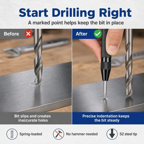 Hella Heavy Duty Automatic Center Punch Pair Featuring Adjustable Spring Loaded Mechanism Plus Bonus Replacement Tips For Smooth Wood Drilling And Badass Precision Hole Marking On Glass Or Plastic - before and after showing accurate hole marking