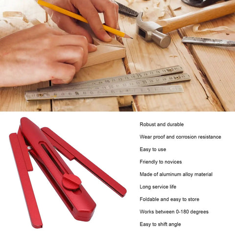 No Sweat Miter Saw Angle Duplicator Professional Grade Foldable Angle Finder Protractor shown with hand measuring wood on jobsite.